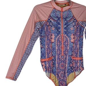 Cabana Life Swimsuit Rash Guard Long Sleeve Full Zip Coral Blue Pattern S